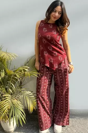 Women's maroon printed rayon co-ord set with relaxed fit pants for casual indo-western wear
