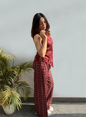 Women's maroon printed rayon co-ord set with relaxed fit pants for casual indo-western wear 5