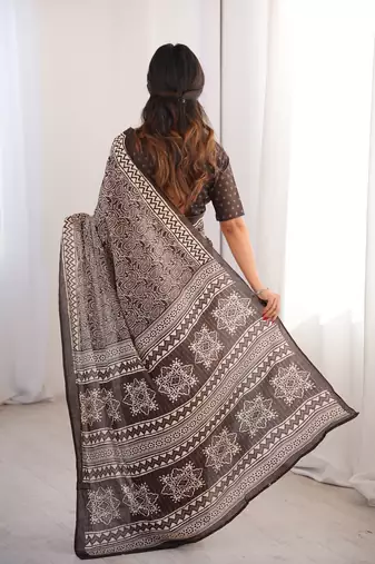 Brown blocked printed, paisley soft pure cotton saree with blouse.