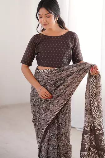 Brown blocked printed, paisley soft pure cotton saree with blouse.