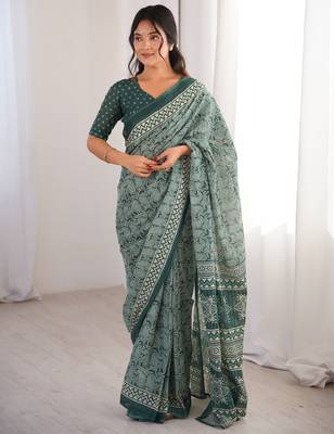 Green blocked printed, paisley soft pure cotton saree with blouse. 1