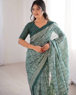 Green blocked printed, paisley soft pure cotton saree with blouse. 2