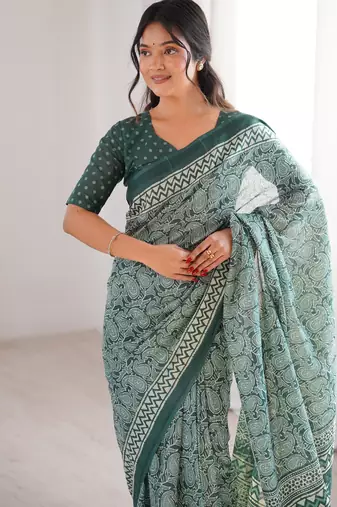 Green blocked printed, paisley soft pure cotton saree with blouse.