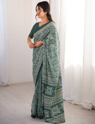 Green blocked printed, paisley soft pure cotton saree with blouse. 3