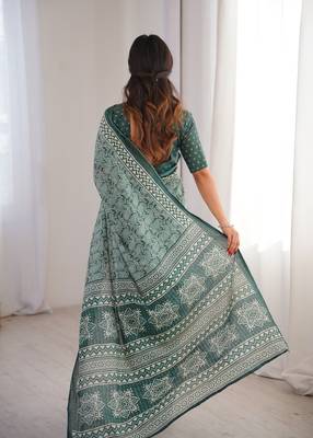 Green blocked printed, paisley soft pure cotton saree with blouse. 4