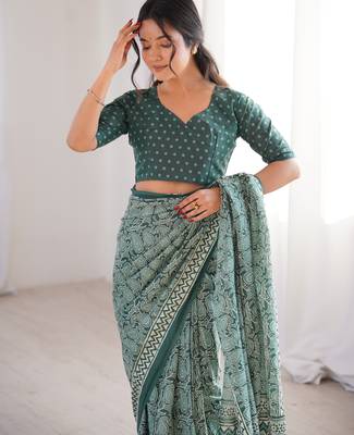 Green blocked printed, paisley soft pure cotton saree with blouse. 5