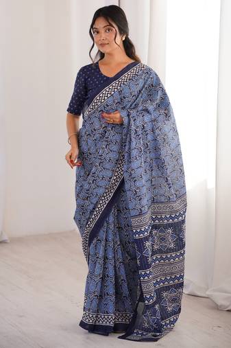 Navy blue blocked printed, paisley soft pure cotton saree with blouse.