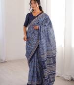 Navy blue blocked printed, paisley soft pure cotton saree with blouse.