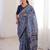 Navy blue blocked printed, paisley soft pure cotton saree with blouse.