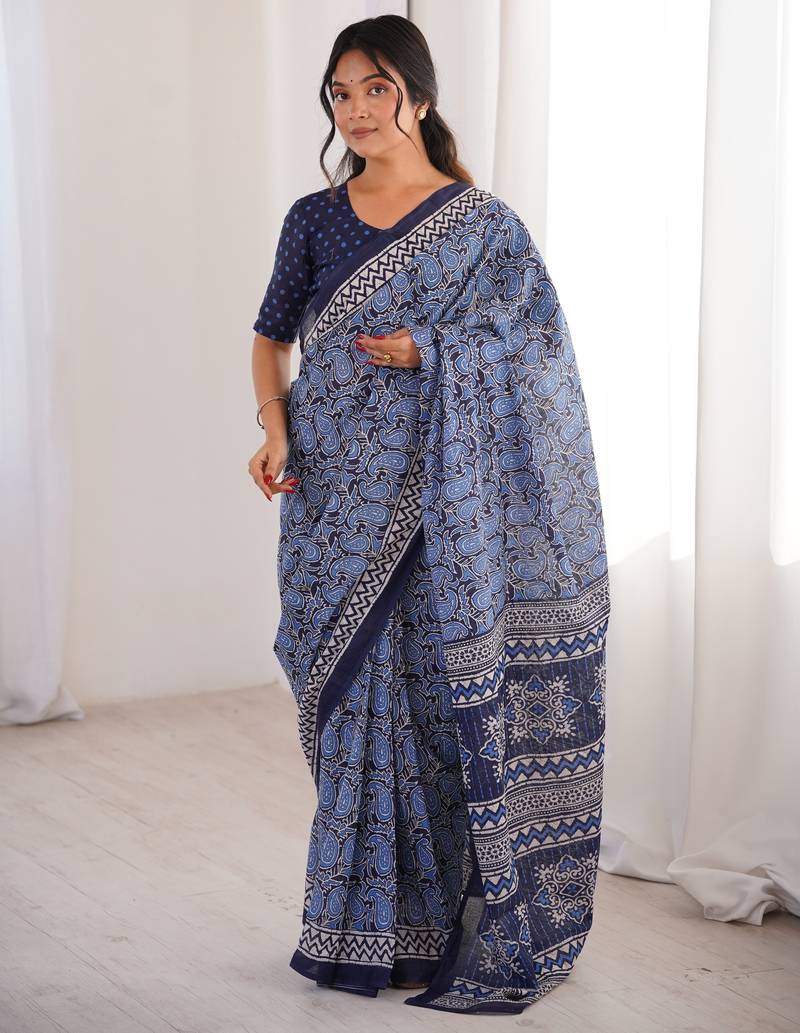 Navy blue blocked printed, paisley soft pure cotton saree with blouse.