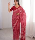Pink blocked printed, paisley soft pure cotton saree with blouse.