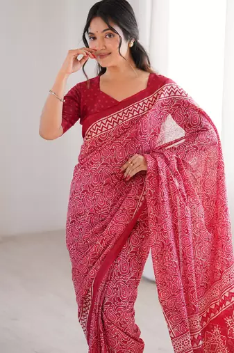 Pink blocked printed, paisley soft pure cotton saree with blouse.