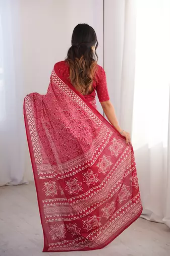 Pink blocked printed, paisley soft pure cotton saree with blouse.