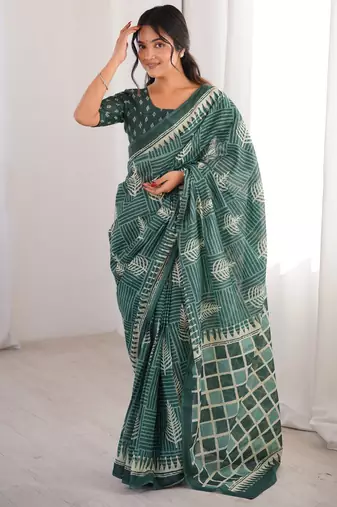Green blocked printed, floral print, geometric print soft pure cotton saree with blouse.