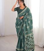 Green blocked printed, floral print, geometric print soft pure cotton saree with blouse.
