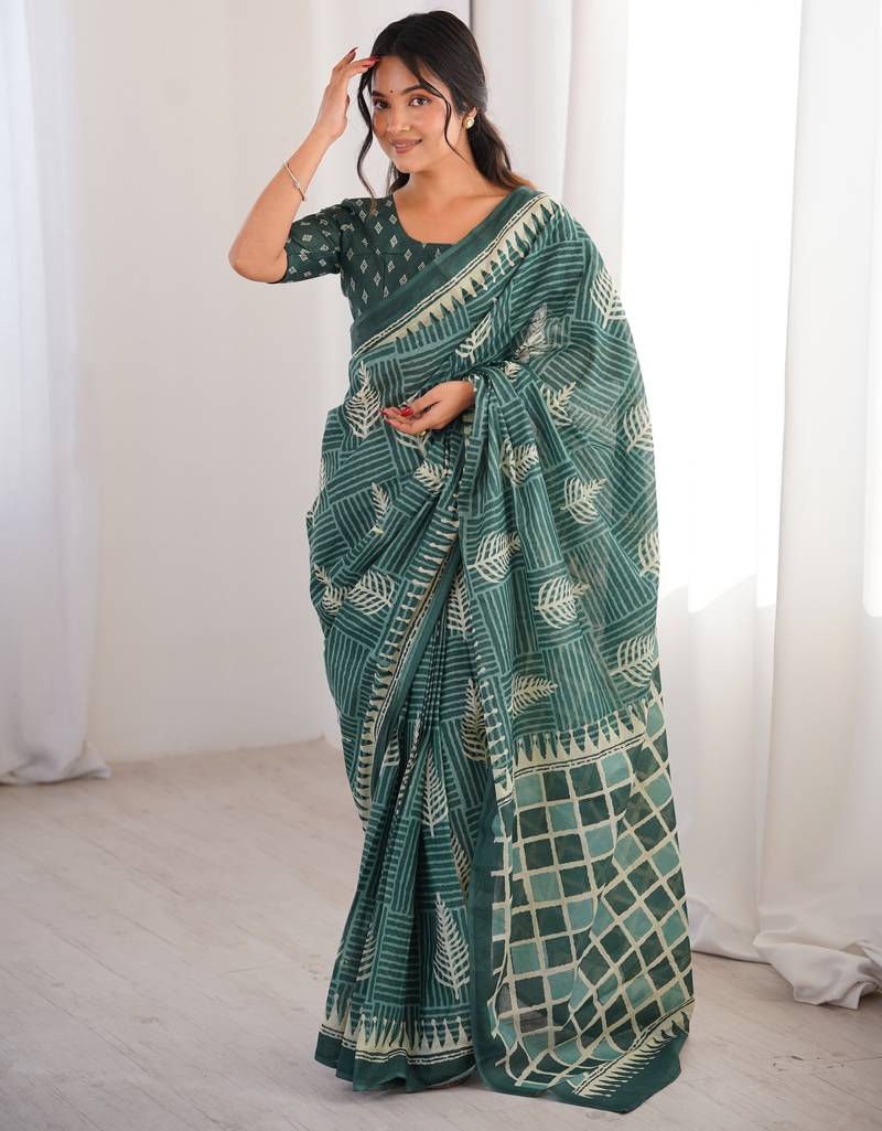 Green blocked printed, floral print, geometric print soft pure cotton saree with blouse.