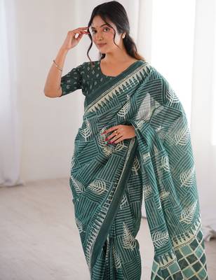 Green blocked printed, floral print, geometric print soft pure cotton saree with blouse. 2