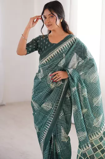 Green blocked printed, floral print, geometric print soft pure cotton saree with blouse.