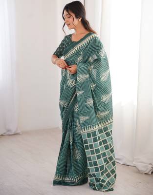 Green blocked printed, floral print, geometric print soft pure cotton saree with blouse. 3