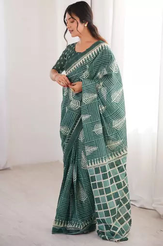 Green blocked printed, floral print, geometric print soft pure cotton saree with blouse.