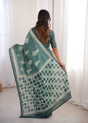 Green blocked printed, floral print, geometric print soft pure cotton saree with blouse. 4