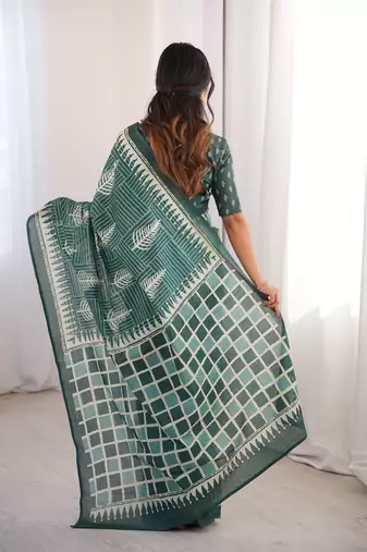 Green blocked printed, floral print, geometric print soft pure cotton saree with blouse.