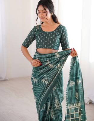 Green blocked printed, floral print, geometric print soft pure cotton saree with blouse. 5