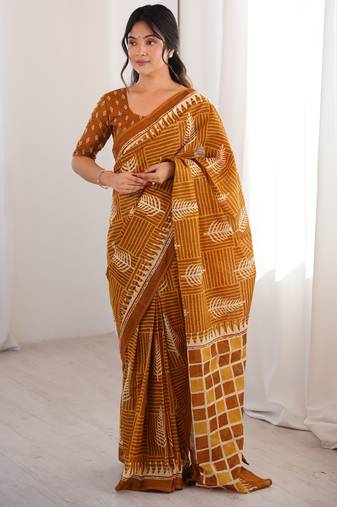 Mustard blocked printed, floral print, geometric print soft pure cotton saree with blouse.
