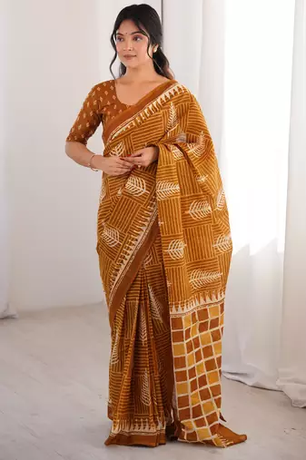 Mustard blocked printed, floral print, geometric print soft pure cotton saree with blouse.