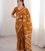 Mustard blocked printed, floral print, geometric print soft pure cotton saree with blouse.
