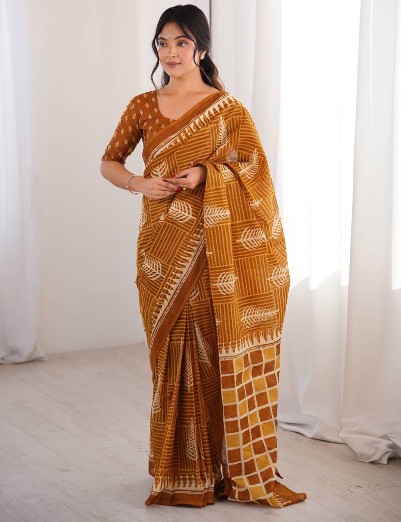 Mustard blocked printed, floral print, geometric print soft pure cotton saree with blouse.