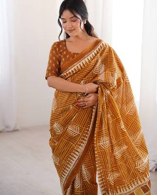 Mustard blocked printed, floral print, geometric print soft pure cotton saree with blouse. 2
