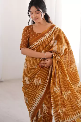 Mustard blocked printed, floral print, geometric print soft pure cotton saree with blouse.