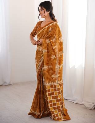 Mustard blocked printed, floral print, geometric print soft pure cotton saree with blouse. 3