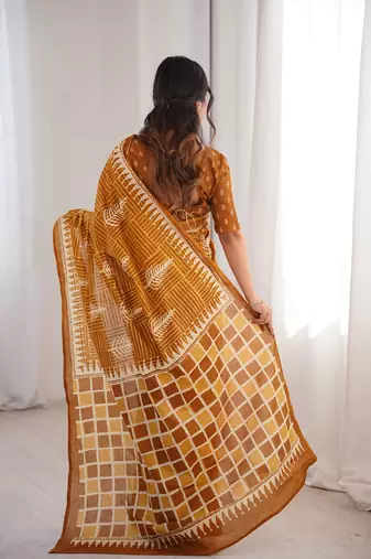 Mustard blocked printed, floral print, geometric print soft pure cotton saree with blouse.