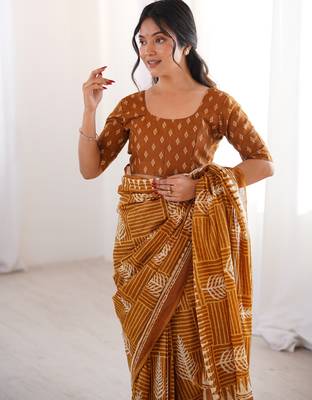 Mustard blocked printed, floral print, geometric print soft pure cotton saree with blouse. 5