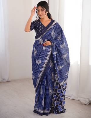 Navy blue blocked printed, floral print, geometric print soft pure cotton saree with blouse. 1
