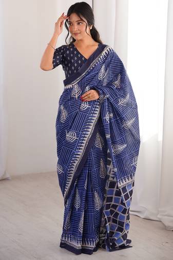 Navy blue blocked printed, floral print, geometric print soft pure cotton saree with blouse.