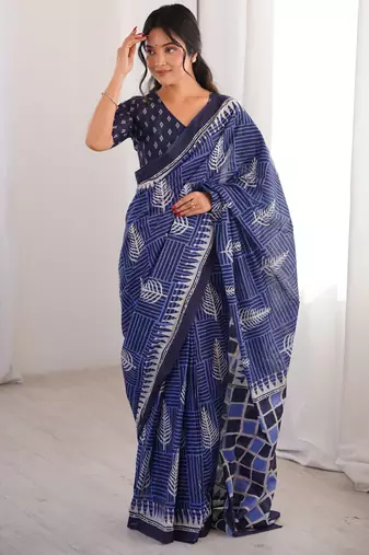 Navy blue blocked printed, floral print, geometric print soft pure cotton saree with blouse.