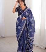 Navy blue blocked printed, floral print, geometric print soft pure cotton saree with blouse.