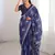 Navy blue blocked printed, floral print, geometric print soft pure cotton saree with blouse.