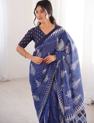 Navy blue blocked printed, floral print, geometric print soft pure cotton saree with blouse. 2