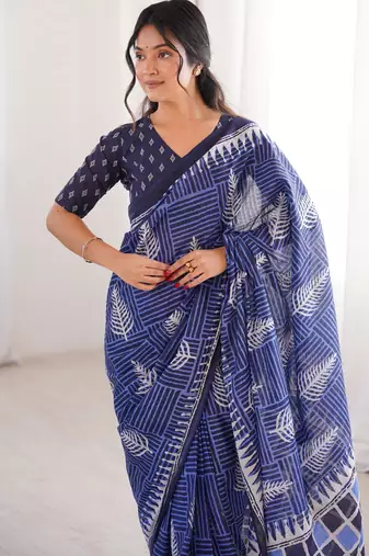 Navy blue blocked printed, floral print, geometric print soft pure cotton saree with blouse.