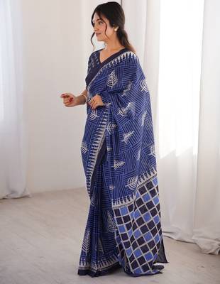Navy blue blocked printed, floral print, geometric print soft pure cotton saree with blouse. 3