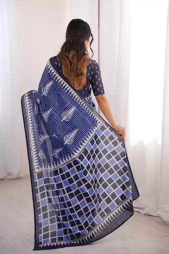 Navy blue blocked printed, floral print, geometric print soft pure cotton saree with blouse.