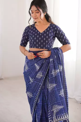 Navy blue blocked printed, floral print, geometric print soft pure cotton saree with blouse.