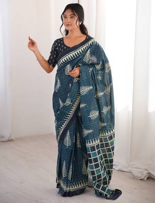 Teal blue blocked printed, floral print, geometric print soft pure cotton saree with blouse. 1