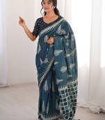 Teal blue blocked printed, floral print, geometric print soft pure cotton saree with blouse.
