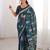 Teal blue blocked printed, floral print, geometric print soft pure cotton saree with blouse.