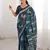 Teal blue blocked printed, floral print, geometric print soft pure cotton saree with blouse.